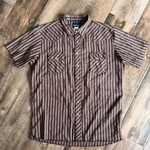 Wrangler VTG Western Stripe Single Stitch Pearl Snap SS Shirt,Red Black Tan,2XLT
